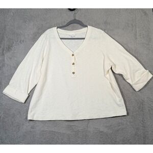 J Jill Women's 2X Button Up 3/4 Cuffed Sleeve Top Cream Textured V Neck Blouse